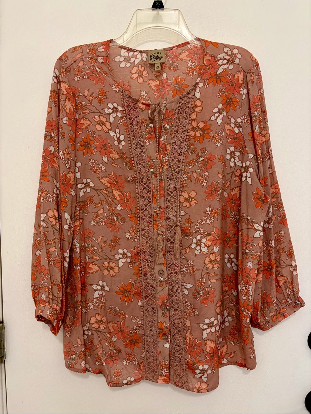 Como Vintage Rust Floral Tie-Neck Tunic Blouse